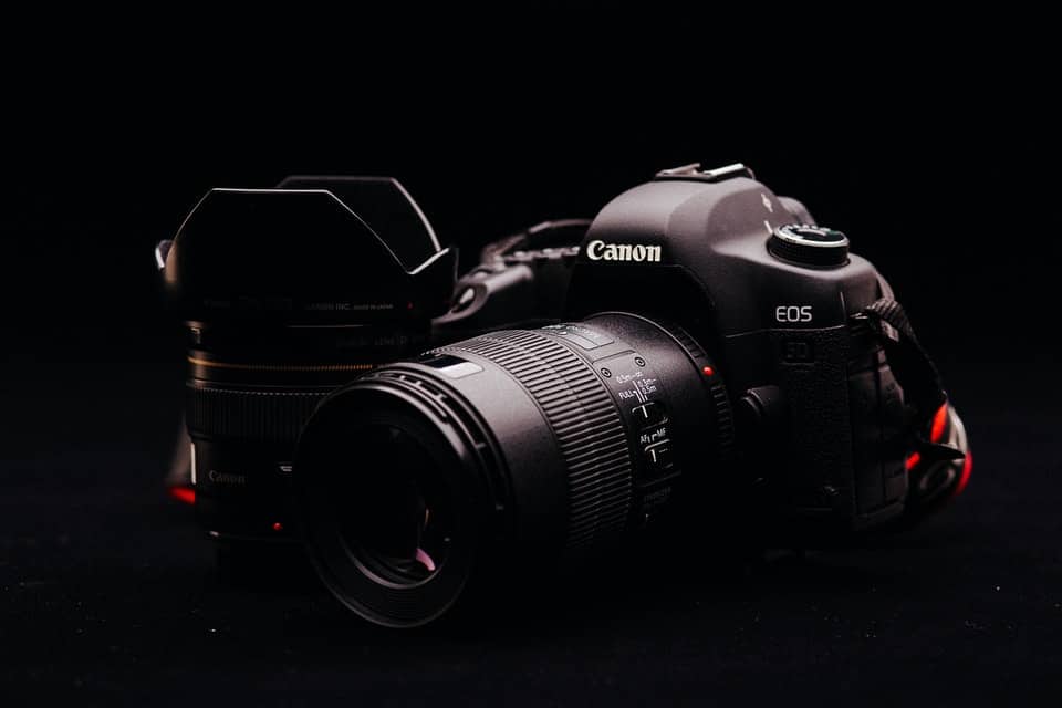 canon camera against black background