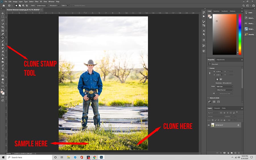 Remove shadows with the clone tool