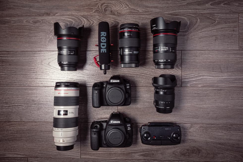camera and lenses on table