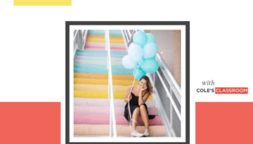 woman sitting on stairs with ballons