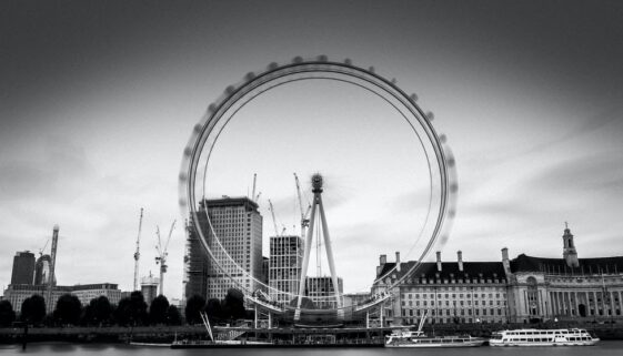 black and white ferris wheel photo