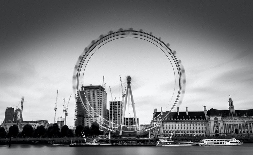 black and white ferris wheel photo