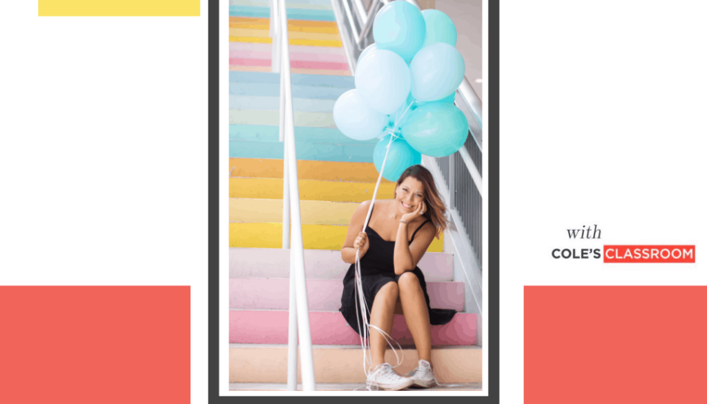 woman on stairs with ballons